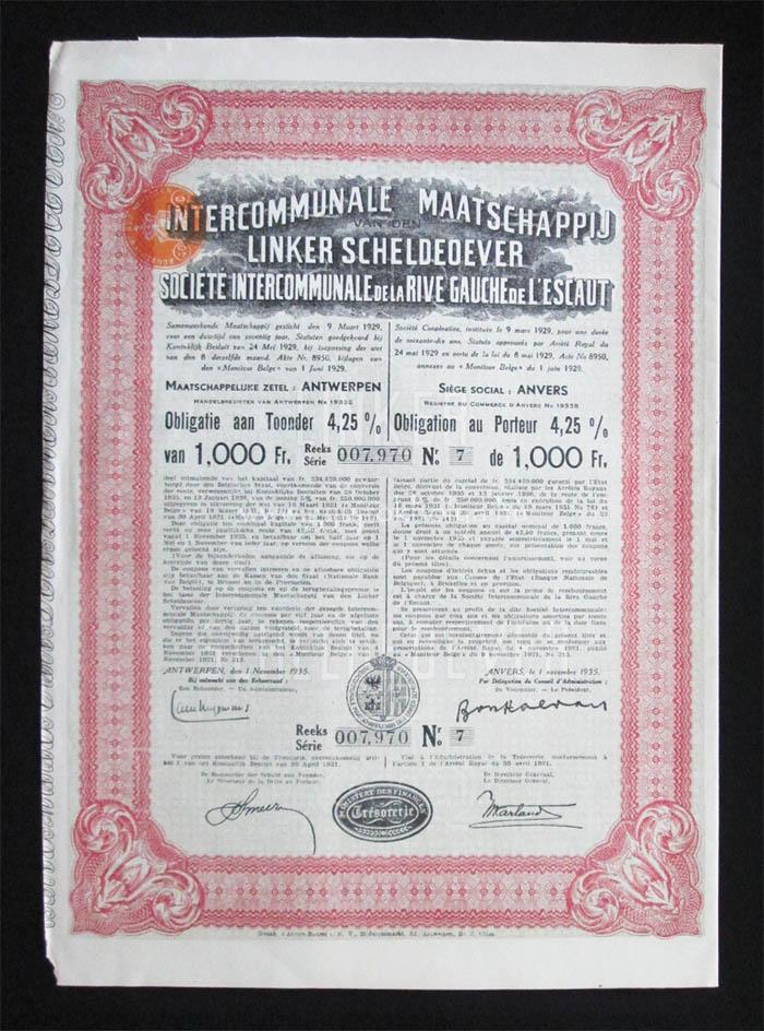 Belgium kötvény 1000 frank 1935 - Antwerpen